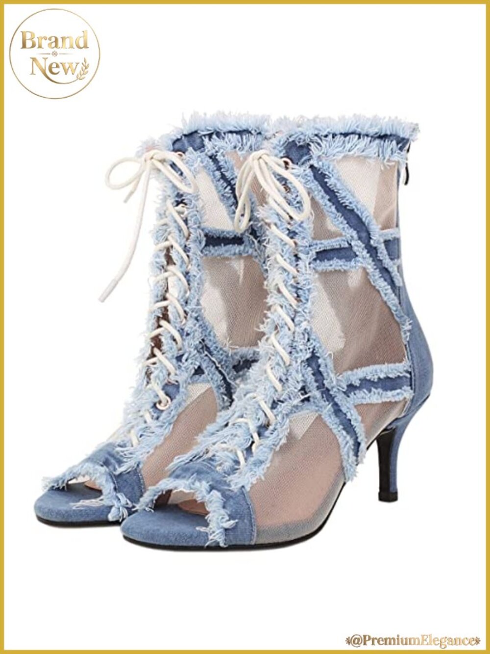 Denim Patchwork Mesh Peep Toe Lace Up Ankle Booties Stiletto Heels
